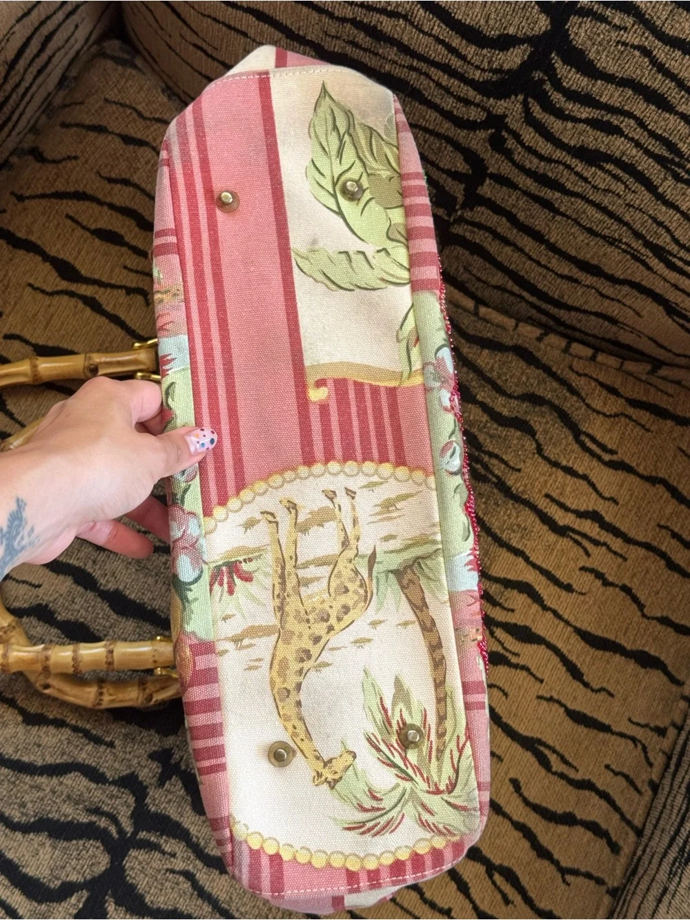 Tropical Floral Canvas Tote with Bamboo Handles - Pink & Green